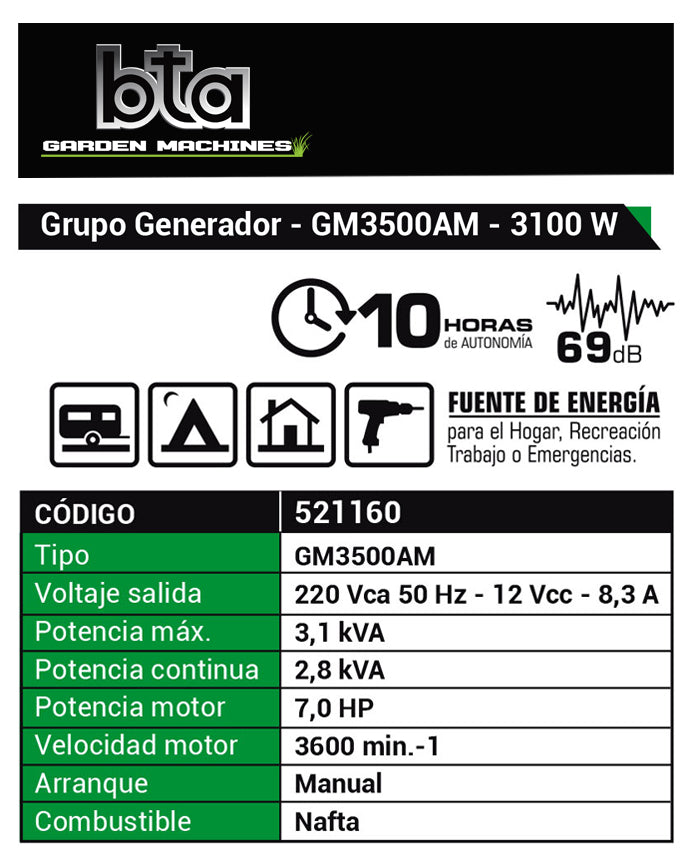 Grupo Electrógeno 3100W 7.0HP GM3500AM - BTA