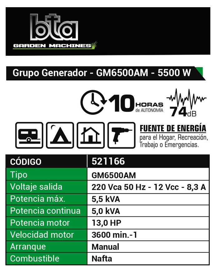 Grupo Electrogeno 5500W 13HP GM6500 - BTA