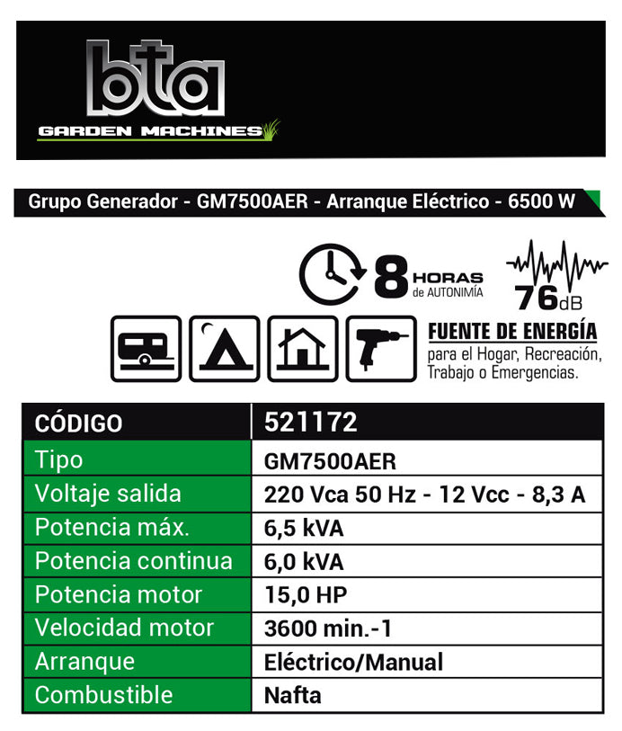 Grupo Electrógeno 6500W 15HP GM7500AE- BTA