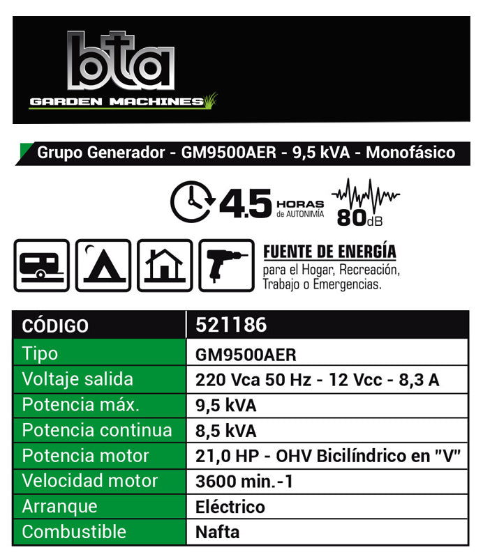 Grupo Electrógeno Industrial 9500W 21HP GM9500 220V - BTA