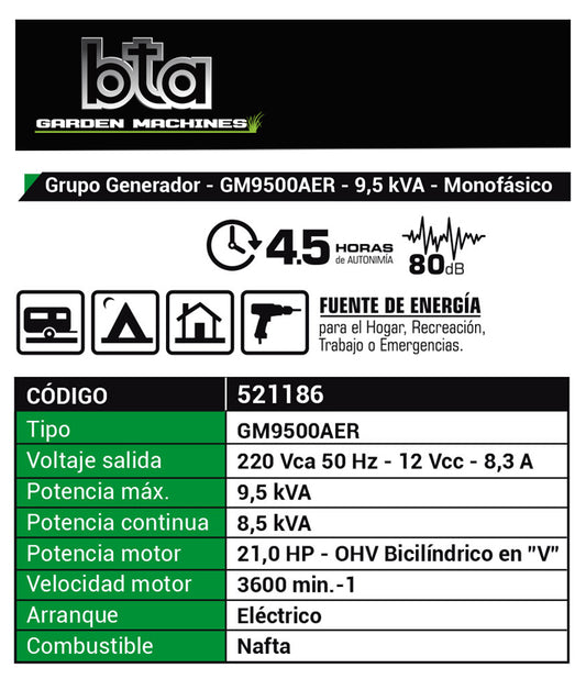 Grupo Electrógeno Industrial 9500W 21HP GM9500 220V - BTA