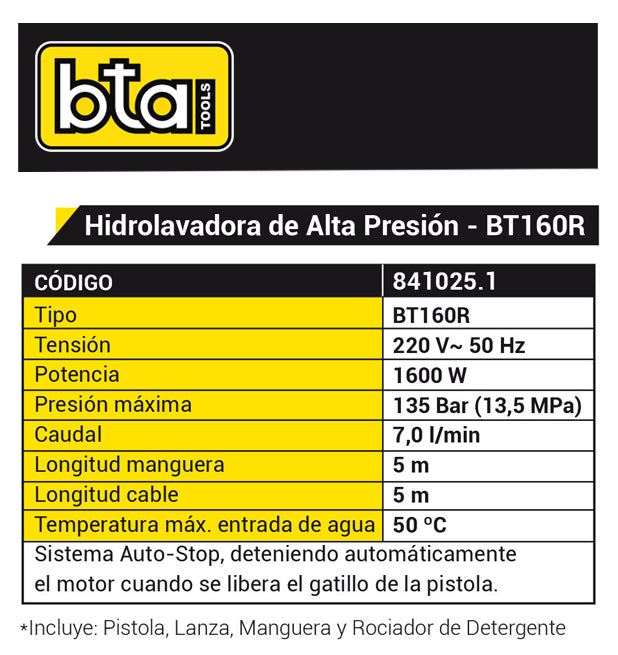 HIDROLAVADORA 1600W 135 BAR BT160 - BTA