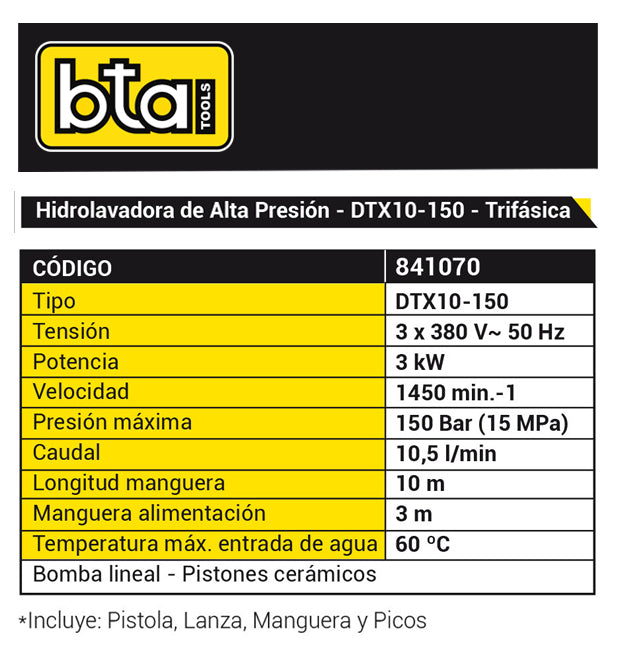 Hidrolavadora Industrial Alta Presión 4HP 150Bar 380V - BTA