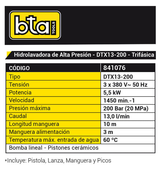 Hidrolavadora Industrial Alta Presion 7 HP 200 Bar 380V -BTA