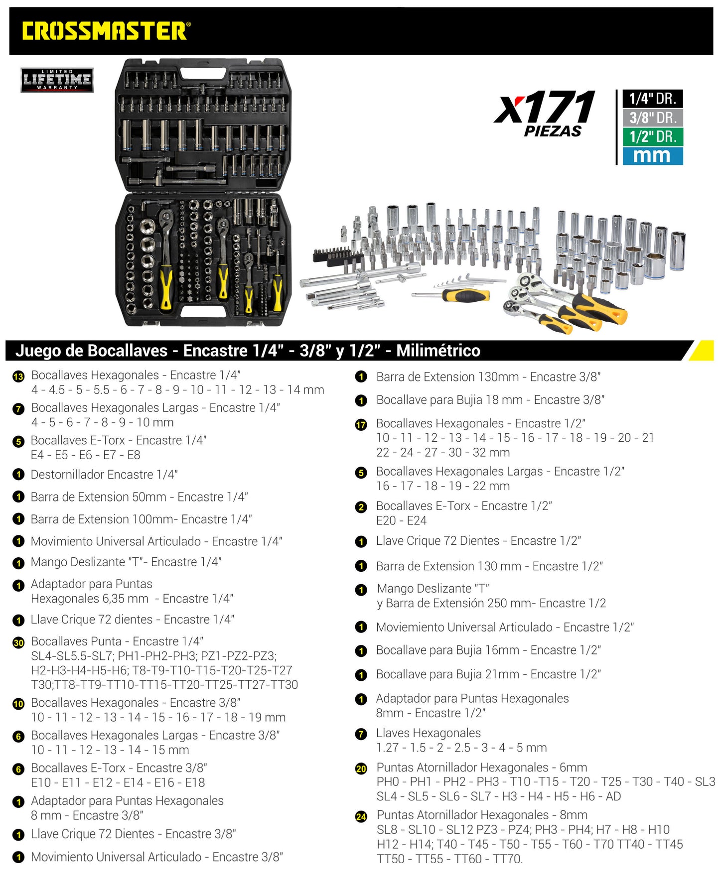 Juego Bocallave 171 Pcs 1/4-3/8-1/2 - Crossmaster