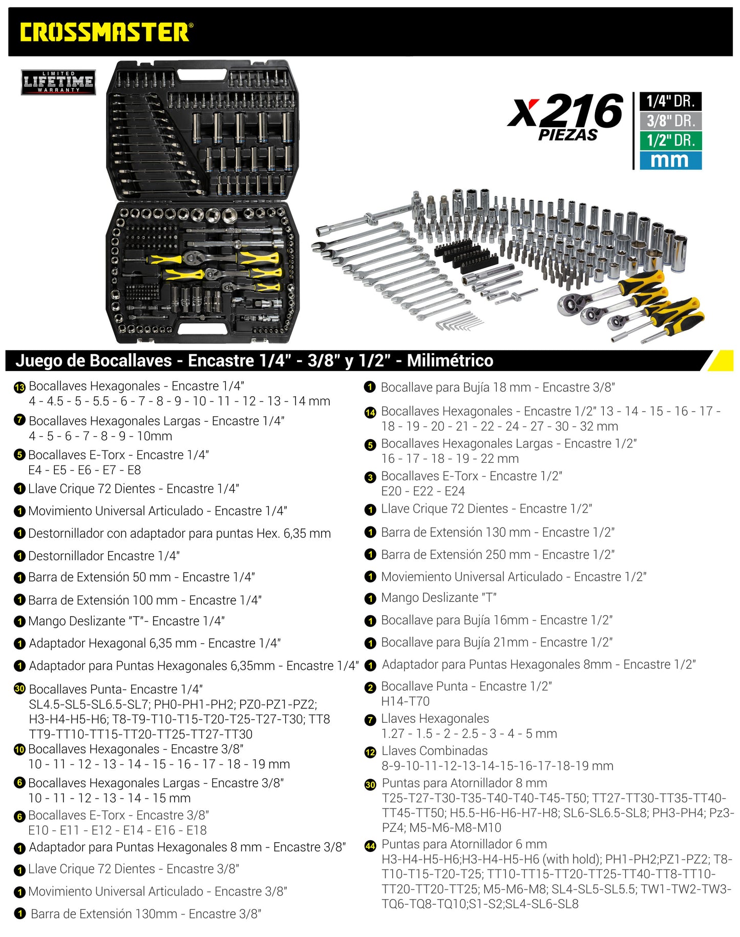 Juego Bocallaves 216 Pcs 1/4-3/8-1/2 - Crossmaster