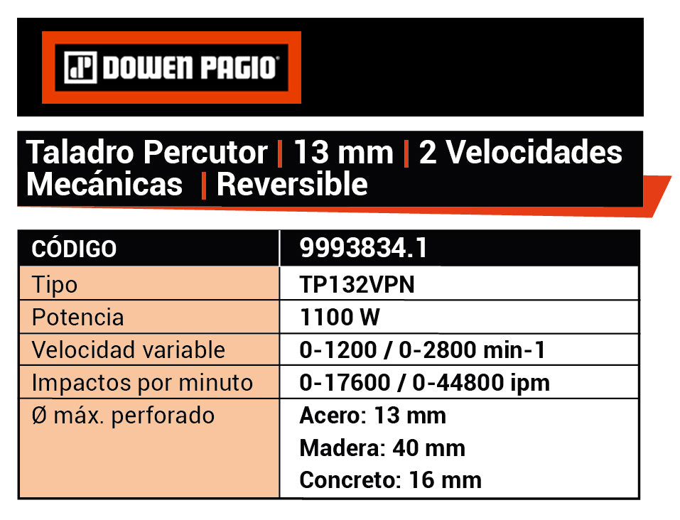 Taladro Percutor 13mm 1100W 2 Vel. - Dowen Pagio