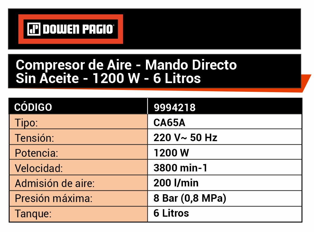 Compresor Aire Sin Aceite 1.5HP 6L - Dowen Pagio
