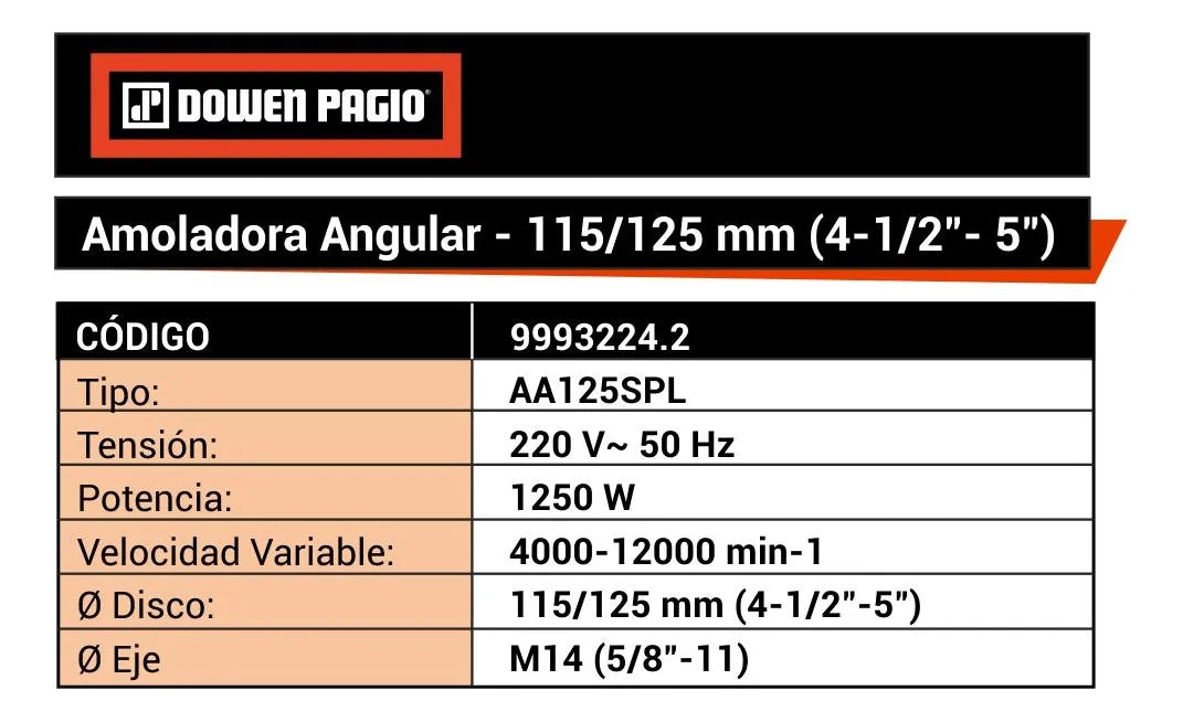 Amoladora 115/125mm 1250W Regulador Velocidad - Dowen Pagio