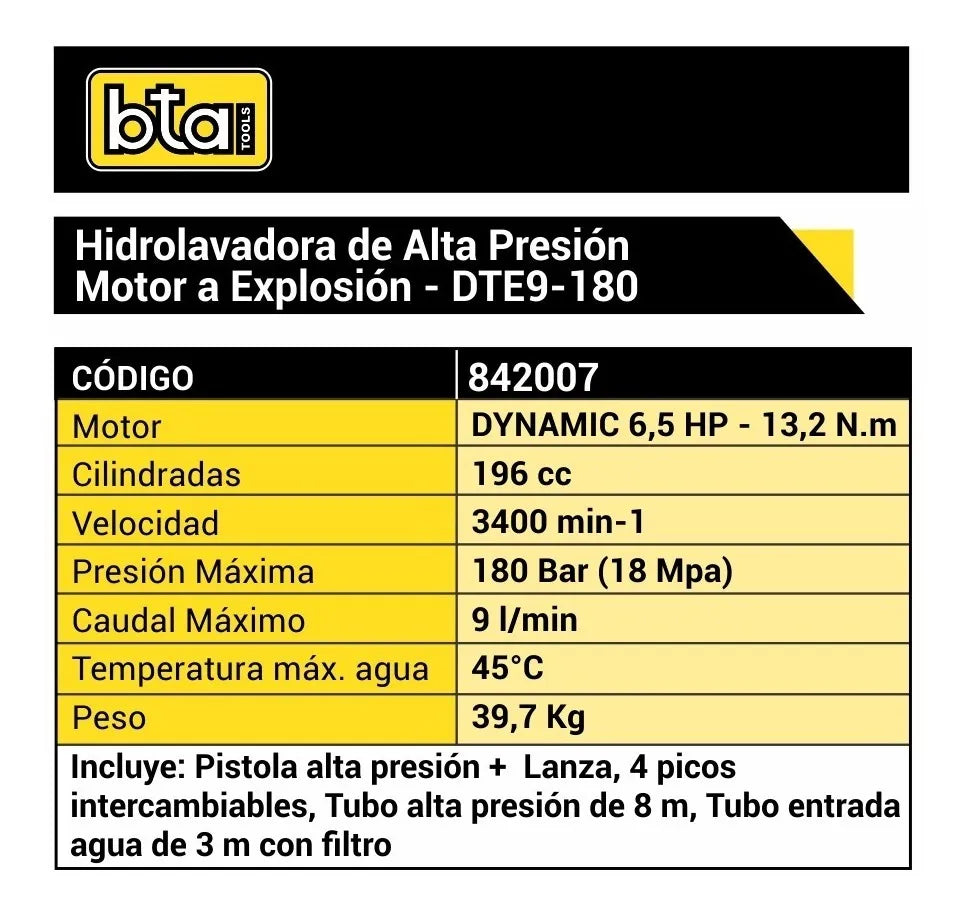 Hidrolavadora Alta Presion 6.5HP DTE9-180 - BTA