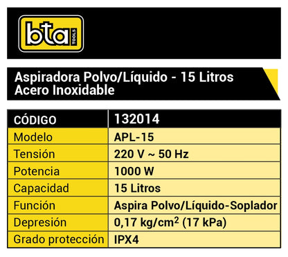 Aspiradora Polvo/Liquido 30L Acero Inoxidable - BTA
