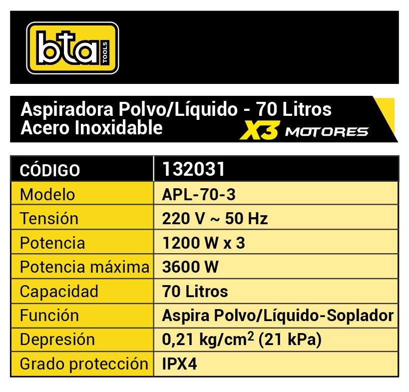 Aspiradora Industrial 3 Motores 70L 3600W - BTA