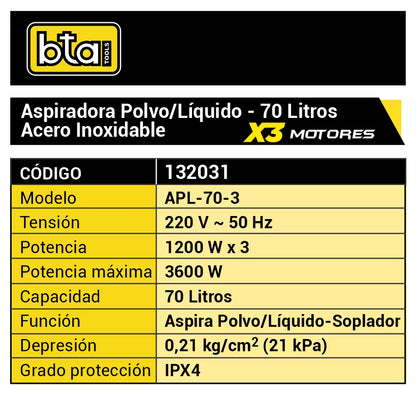 Aspiradora Industrial 3 Motores 70L 3600W - BTA