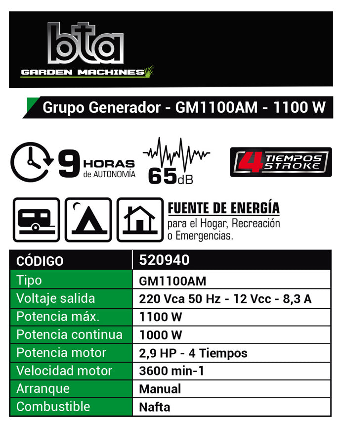Grupo Electrogeno 1100W 4T - BTA