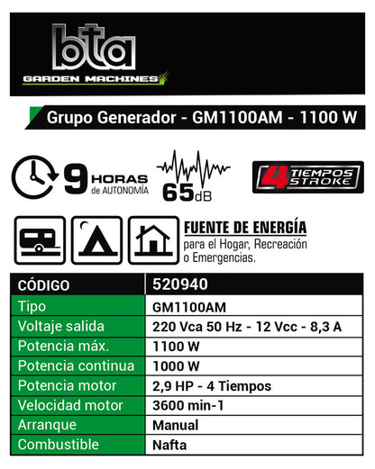 Grupo Electrogeno 1100W 4T - BTA