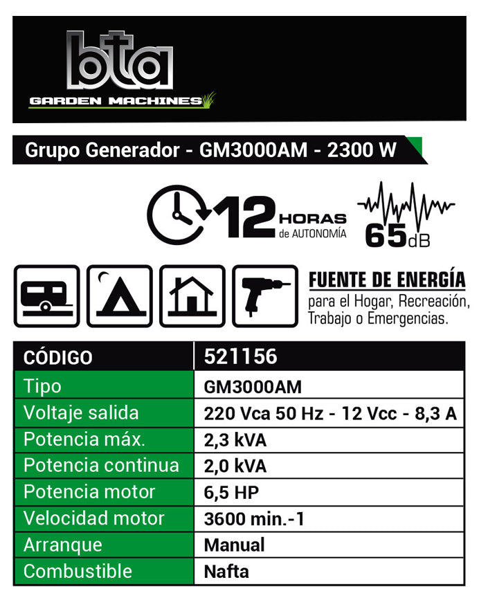 Grupo Electrógeno 2300W 6.5HP GM3000AM - BTA