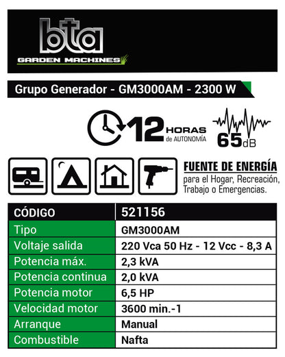 Grupo Electrógeno 2300W 6.5HP GM3000AM - BTA