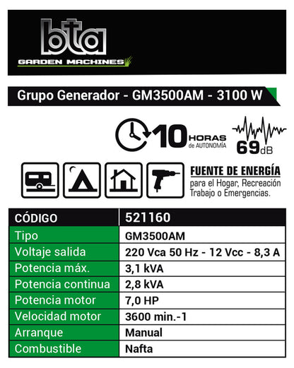 Grupo Electrógeno 3100W 7.0HP GM3500AM - BTA