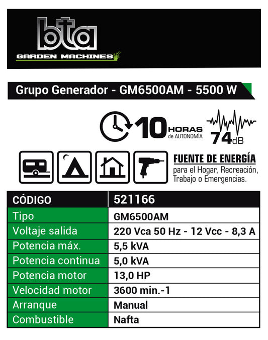 Grupo Electrogeno 5500W 13HP GM6500 - BTA