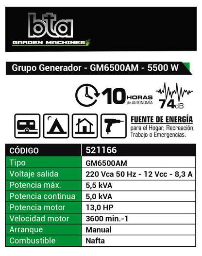 Grupo Electrogeno  5500W 13HP GM6500 - BTA