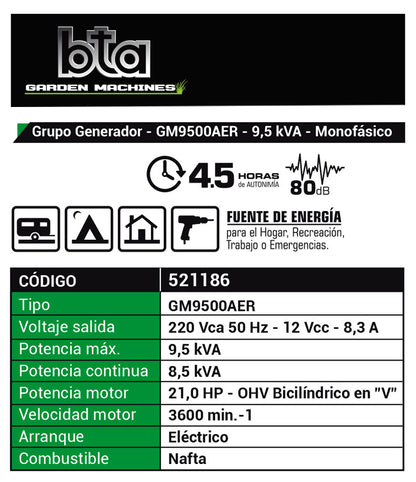 Grupo Electrógeno Industrial 9500W 21HP GM9500 220V - BTA