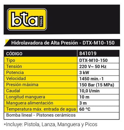 Hidrolavadora Industrial Alta Presión 4HP 150 Bar 220V - BTA