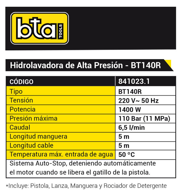 HIDROLAVADORA 1400W 110BAR BT140 - BTA