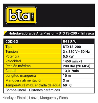 Hidrolavadora Industrial Alta Presion 7 HP 200 Bar 380V -BTA