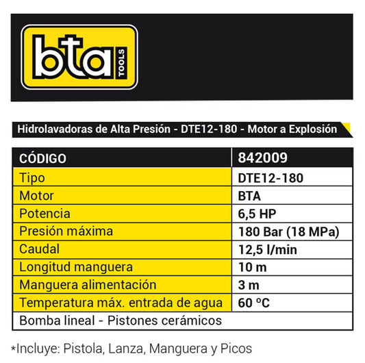 Hidrolavadora Industrial Alta Presión 6.5HP 180Bar - BTA