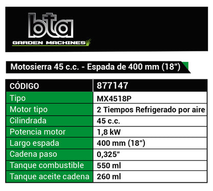 Motosierra Profesional 45cc Espada 18" - BTA