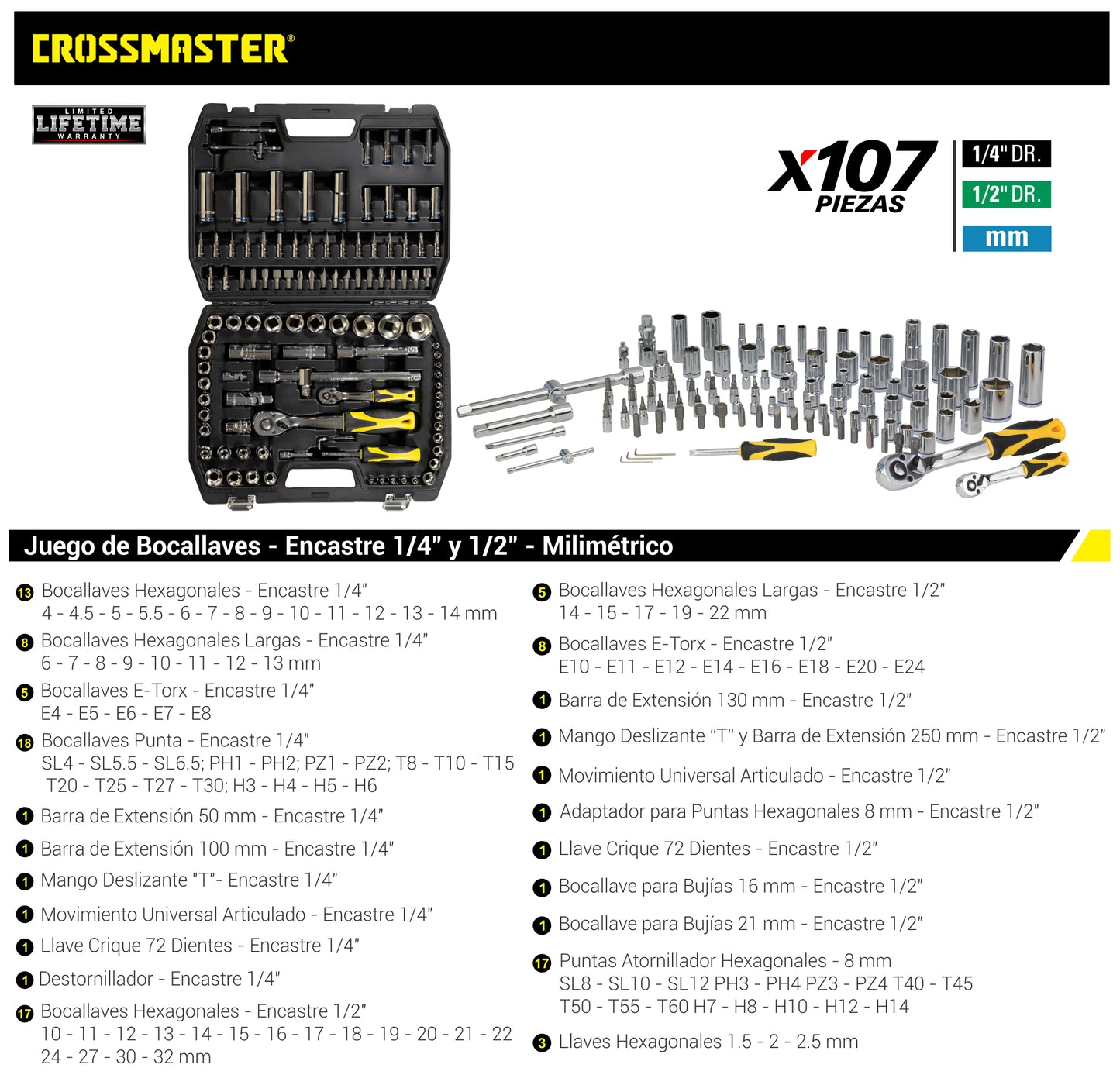 Juego Bocallave 107 Pcs 1/4-1/2 - Crossmaster