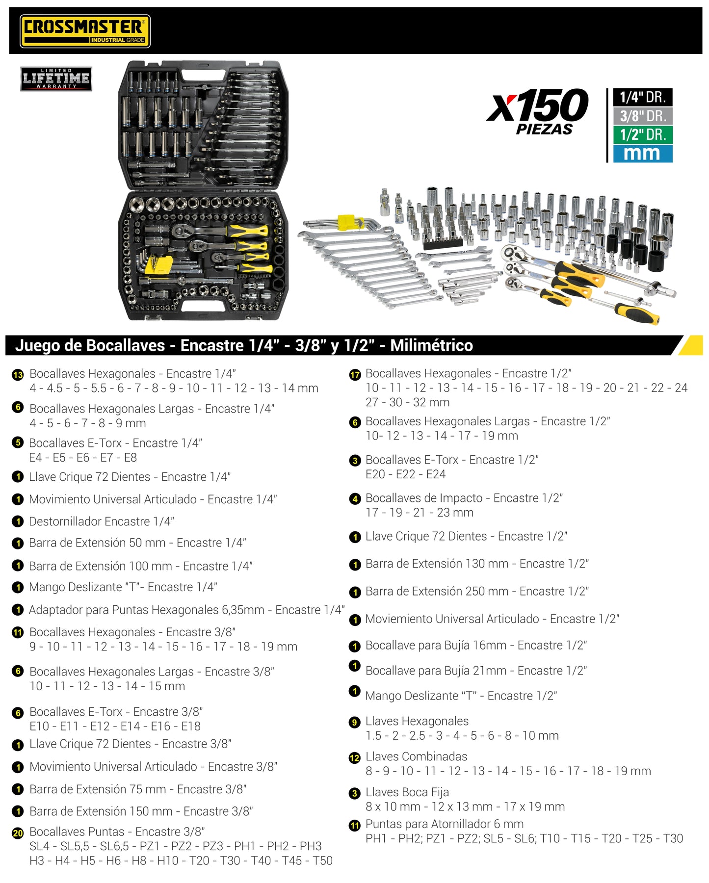 Juego Bocallave 150 Pcs 1/4-3/8-1/2 - Crossmaster