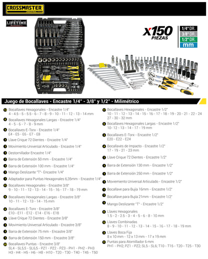 Juego Bocallave 150 Pcs 1/4-3/8-1/2 - Crossmaster