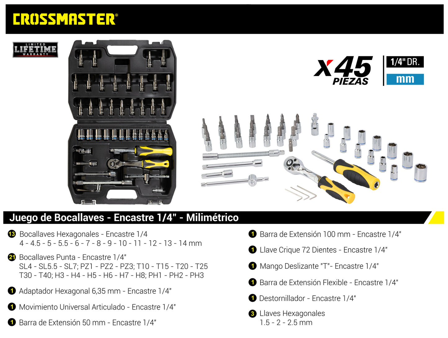 Juego Bocallave 45 Pcs 1/4 - Crossmaster
