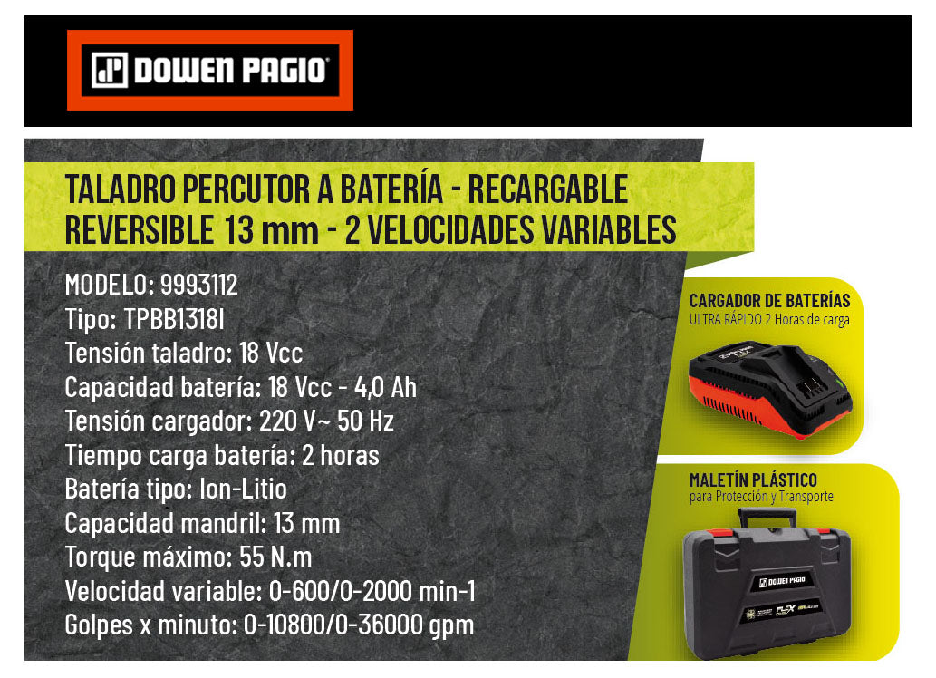 Taladro Atornillador Percutor Brushless 18V - Dowen Pagio