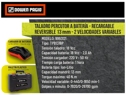Taladro Atornillador Con Percutor 13mm A Bateria 18V - Dowen Pagio