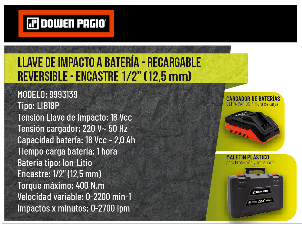 Llave Impacto 1/2 Batería 18V 400Nm - Dowen Pagio