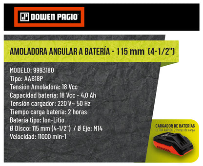 Amoladora Inalámbrica 115mm Batería Y Cargador - Dowen Pagio