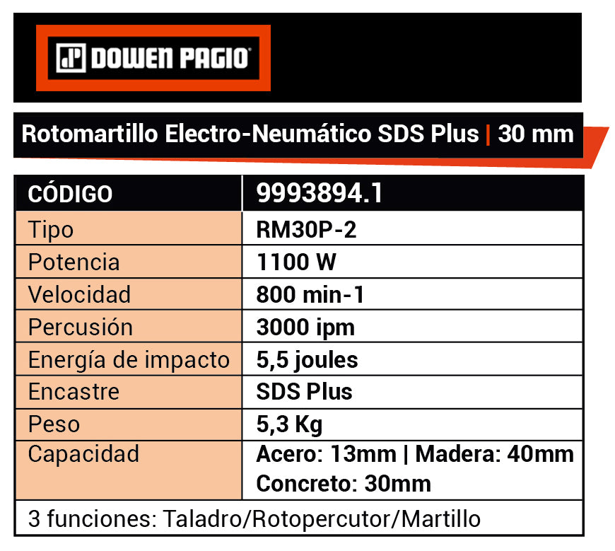 Rotomartillo Percutor 1100W 30mm - Dowen Pagio