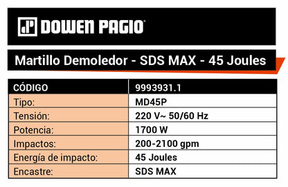 Martillo Demoledor 45J 1700W - Dowen Pagio