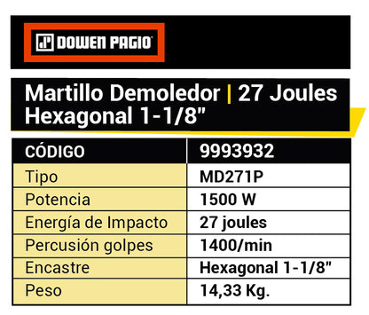 Martillo Demoledor 27J 1500W Uso Intensivo - Dowen Pagio