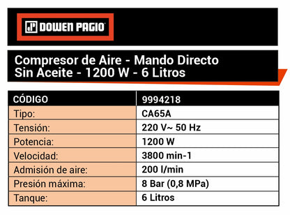 Compresor Aire Sin Aceite 1.5HP 6L - Dowen Pagio