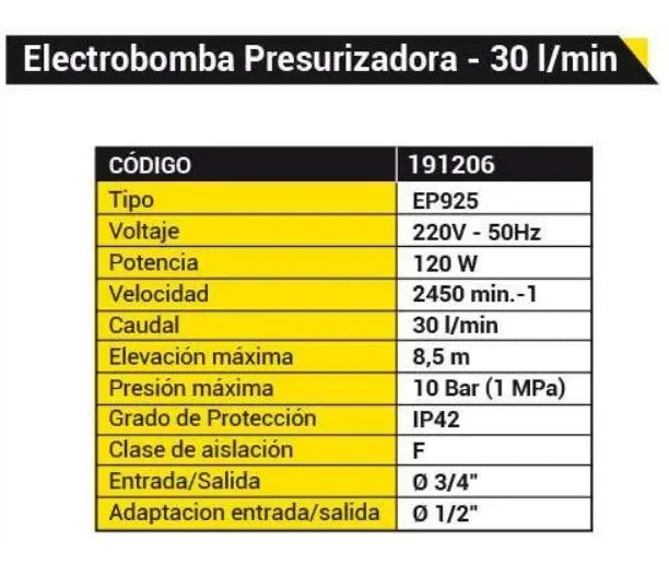 Bomba Presurizadora Bta 120W 30l/min 1 Baño
