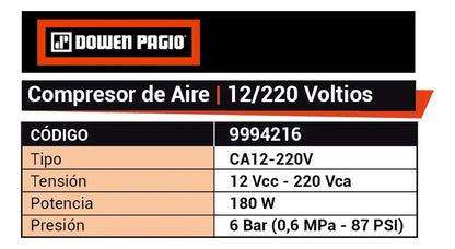 Compresor De Aire 12v Y 220v - 180w - Dowen Pagio