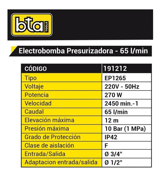 Bomba Presurizadora Bta 270w 65 L/min 2 Baños