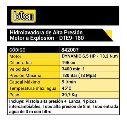 Hidrolavadora Alta Presion 6.5HP DTE9-180 - BTA