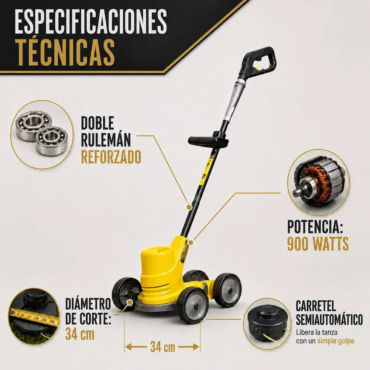 Bordeadora Eléctrica Aleba Con Carro Profesional 900w + Kit Jardinería