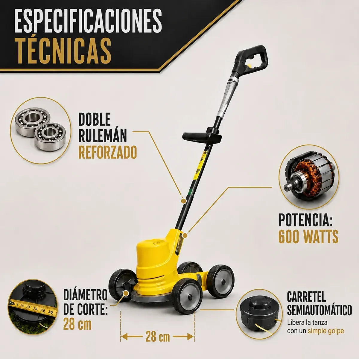Bordeadora Eléctrica Aleba Con Carro Profesional 600w + Kit Jardinería