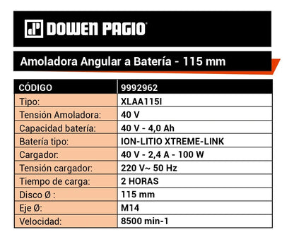 Amoladora Angular a Batería - Dowen Pagio - Brushless - 115 mm