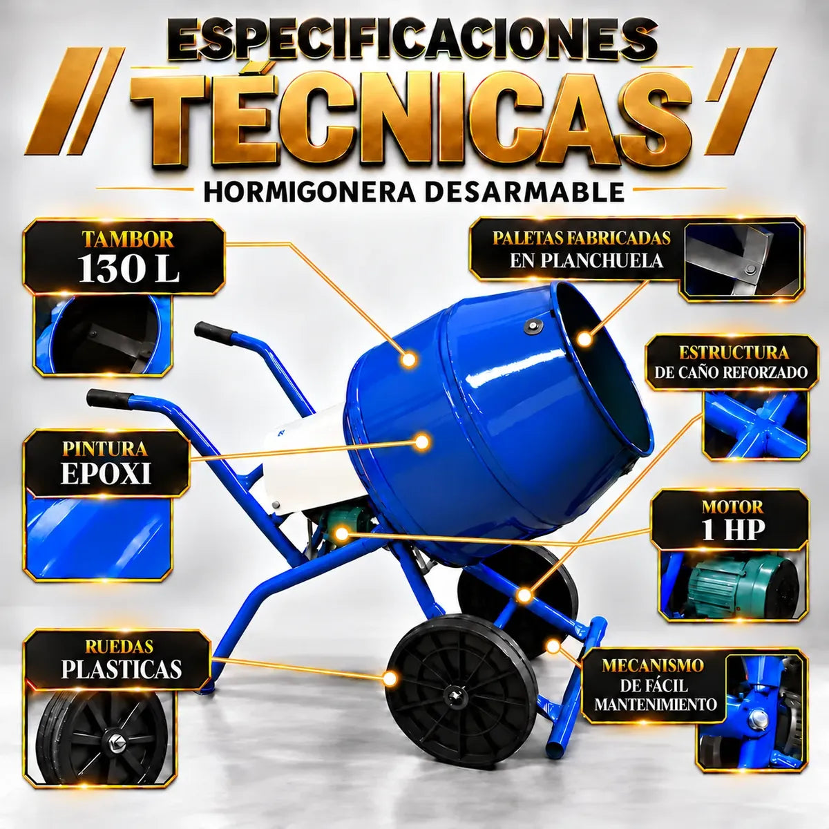 Hormigonera Desarmable Reforzada 130 Litros Motor 1 Hp Isfra